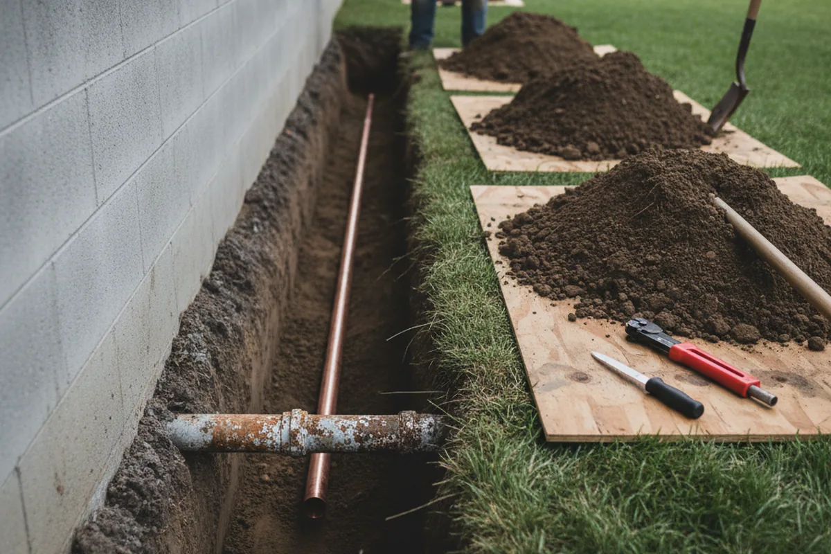 Excavated water line trench during Water Heater Repair in Woodsfield